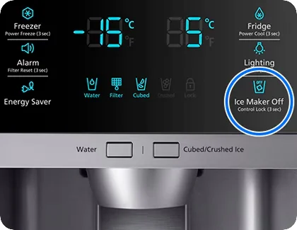 Panel de control del nevecón Samsung con función Ice Maker Off